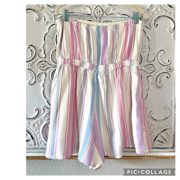 AMERICAN EAGLE STRIPED DUSTY COLORS VISCOSE LINEN BLEND LINED STRAPLESS ROMPER - Picture 4 of 5